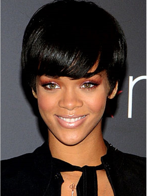 Rihanna Pleasant Short Straight with Bangs Lace Front Human Hair Women Wig 