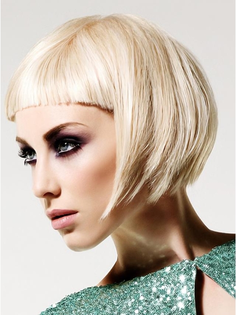 Young Fashion Platinum Blonde Short Straight With Bangs Mono Human Hair Women Wigs