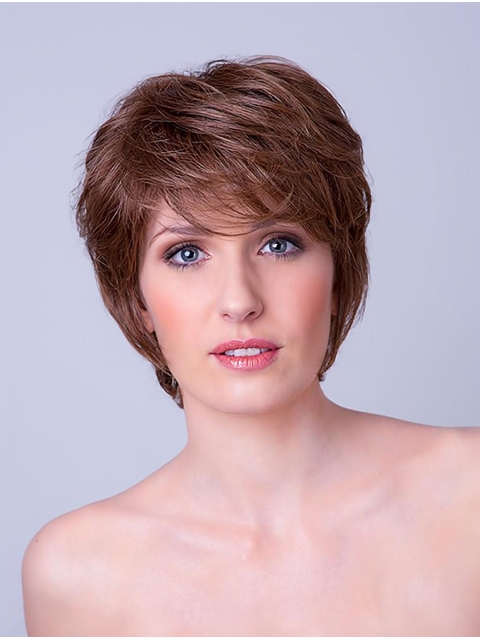 Straight Brown Layered 8" Monofilament Synthetic Ladies Short Hair Wigs