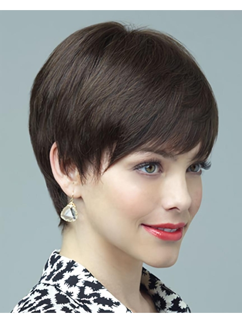 Brown Best Layered Straight Short Mono Human Hair Women Wigs