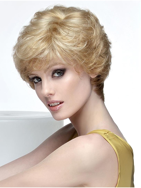 Wavy Short Blonde Monofilament 8" With Bangs Lace Synthetic Women Wig