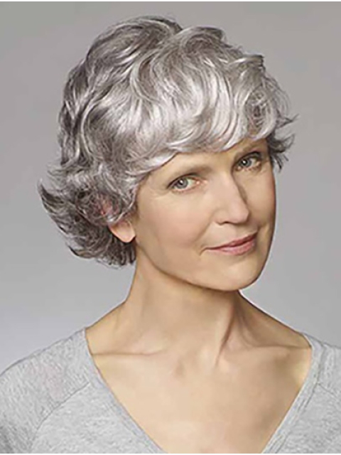 Grey Wavy 8" Short Monofilament Synthetic Classic  Women Wigs