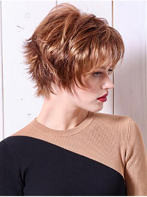 Copper Wavy 8" Short  Layered Monofilament Synthetic Women Wigs