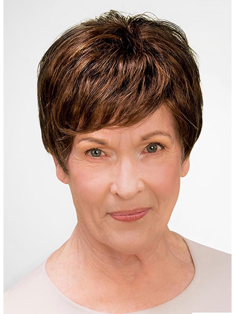 100% Hand-tied Brown Short Wavy 8" Boycuts Good Synthetic Women Wigs