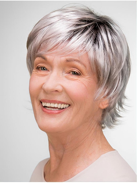 Short 8" 100% Hand-tied Grey Synthetic Layered Elderly Women Wigs