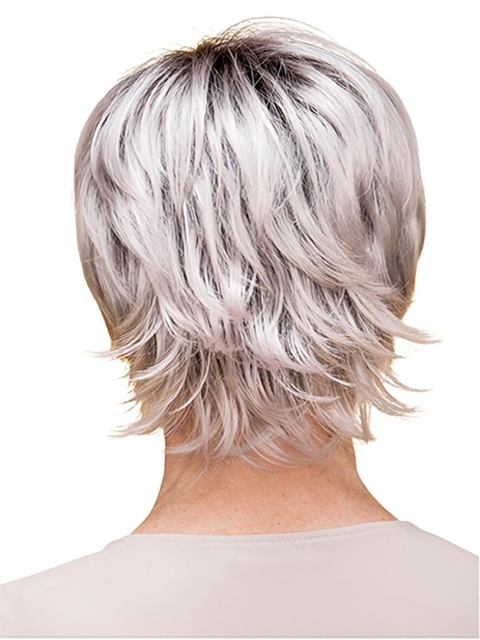 Short 8" 100% Hand-tied Grey Synthetic Layered Elderly Women Wigs