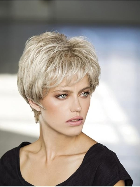 Layered Synthetic Platinum Blonde Wavy 8" Monofilament Wigs For Women