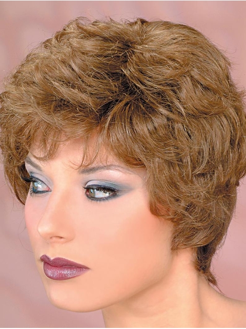 Classic Wavy  Brown Short Monofilament Human Hair Wig For Women 