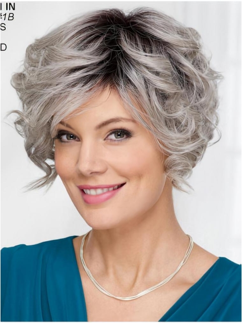 New 8" Short Wavy Capless Synthetic Grey Women Wigs