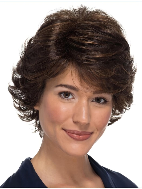 100% Hand-tied Brown Wavy Short Classic 8" Synthetic Wigs For Women With Cancer