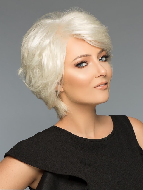 Wavy White Layered Short Monofilament Human Hair Women Wigs