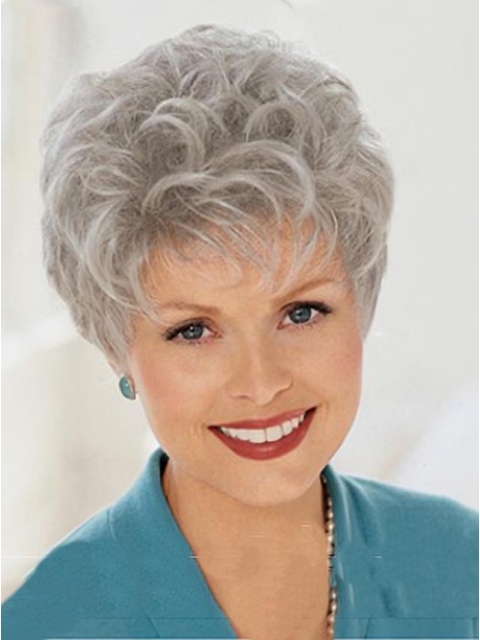 Elegent Beautiful Wavy Short Capless Synthetic Grey Lady  Wigs