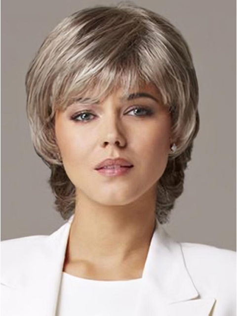  Short Wavy Lace Front Human Hair Grey Lady Wigs