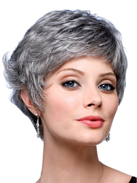 Dip Layered Short Wavy Great Capless Synthetic Grey Lady Wigs