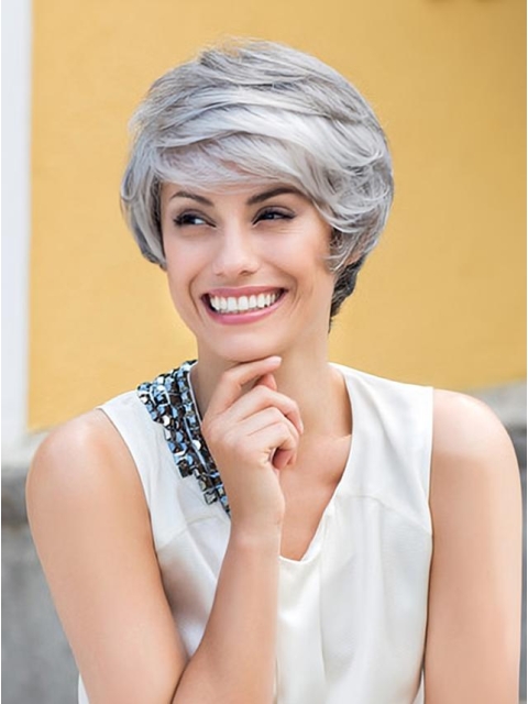 Wavy Short Smooth Lace Front  Human Hair Grey Lady  Wigs