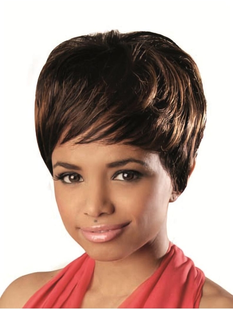 Brown Wavy Short  With Bangs Capless Human Hair African American Women Wigs