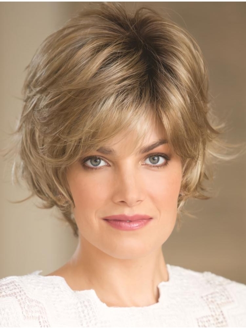 Fashional Short Wavy Blonde New Design Layered Monofilament Synthetic Women Wigs