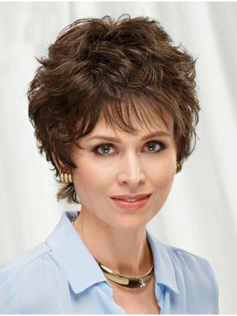 Fabulous Brown Short Wavy Layered Monofilament Synthetic Women Wigs