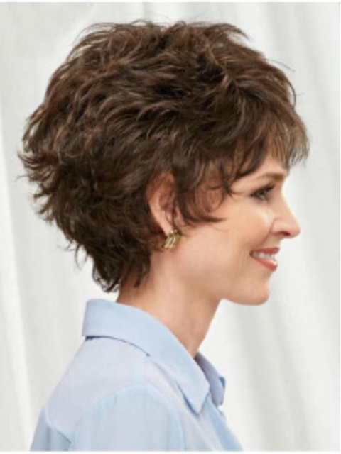 Fabulous Brown Short Wavy Layered Monofilament Synthetic Women Wigs