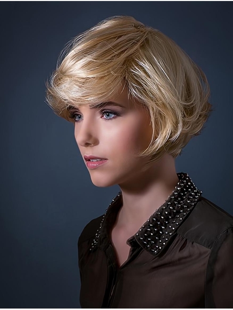 Wavy Blonde  Short Monofilament Remy Human Hair Hair Women Bobs  Wigs