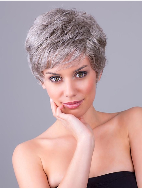 Wavy Short Layered 8" Monofilament Synthetic Grey Women Wigs 