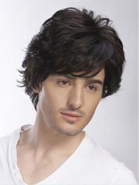 Shining Black Wavy Short Hand-Tied Human Hair Men Wigs