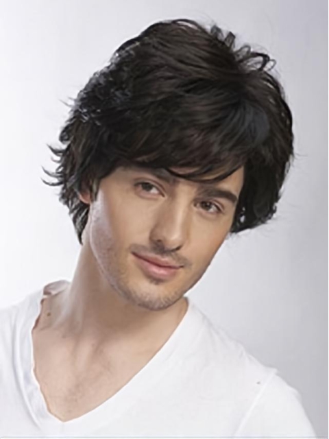 Shining Black Wavy Short Hand-Tied Human Hair Men Wigs