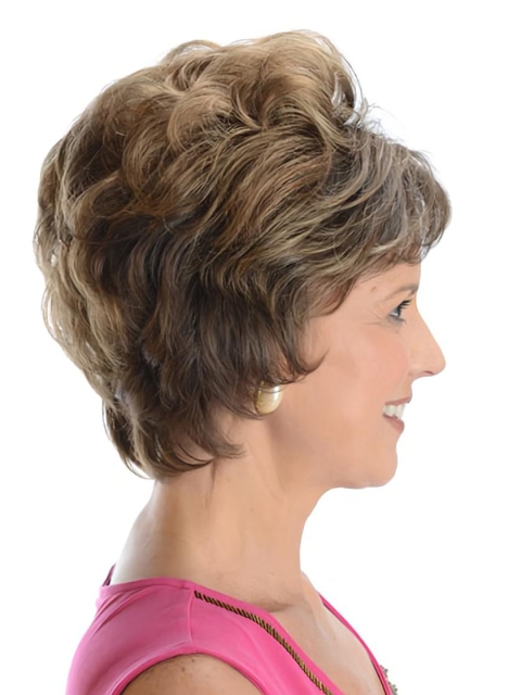 Sleek Brown Wavy Short Monofilament Human Hair Celebrity Women Wigs For Cancer