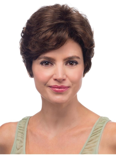 Easeful Brown Short Wavy With Bangs Lace Human Hair Women Wigs