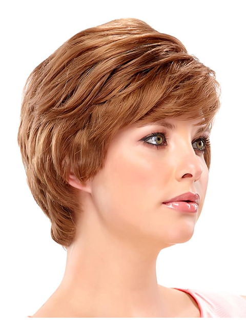 High Quality Auburn Layered Wavy Short Monofilament Human Hair Women Wigs