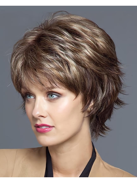 Sassy Brown Wavy Short Layered Capless Synthetic Women Wigs