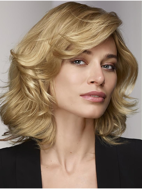  Blonde 12" Curly Shoulder Length Lace Front Human Hair Women Bobs Wig