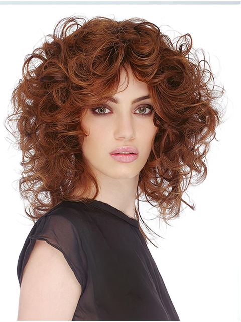 Auburn Curly Shoulder Length  Monofilament 12" Human Hair Women Wigs 