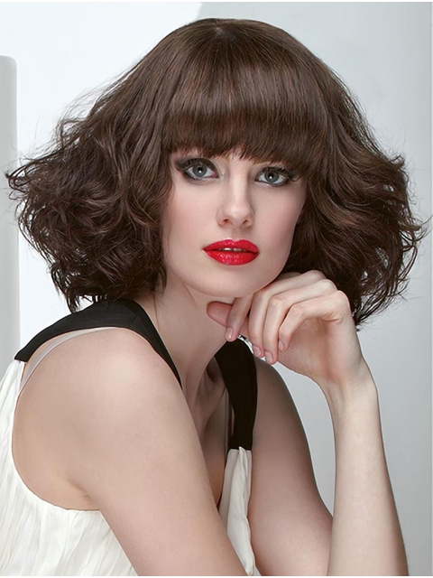 12" Curly Brown Shoulder Length Monofilament Human Hair Women Bob Wigs