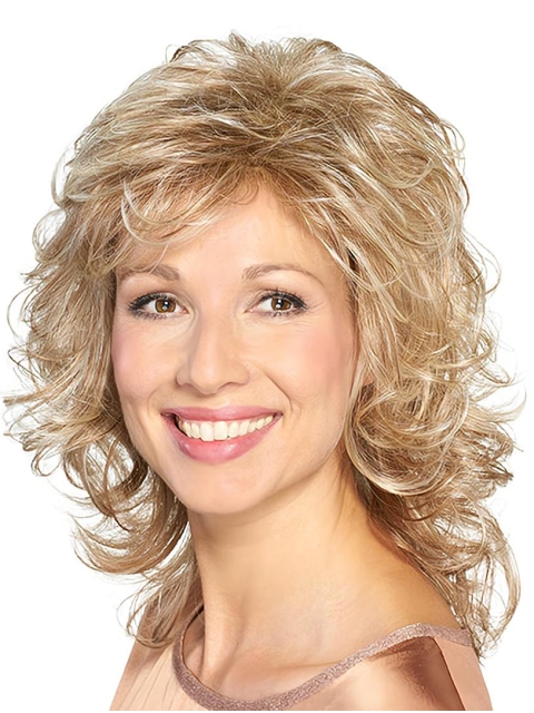 Platinum Blonde  Curly 14" Shoulder Length Capless  Synthetic Medium Length Women Wigs