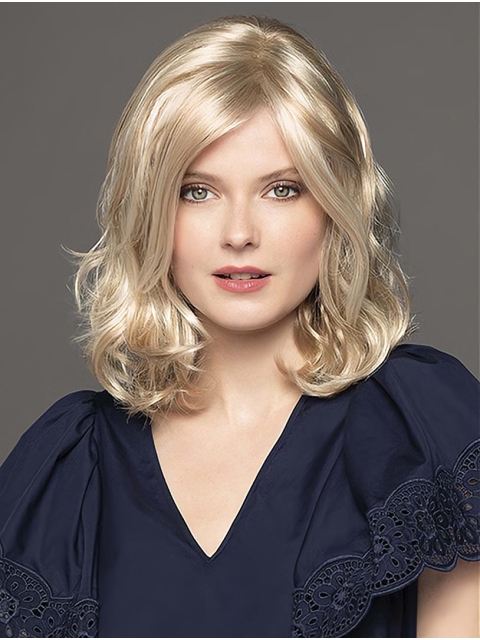 14" Platinum Blonde Shoulder Length Curly Without Bangs Monofilament Synthetic Women Wigs