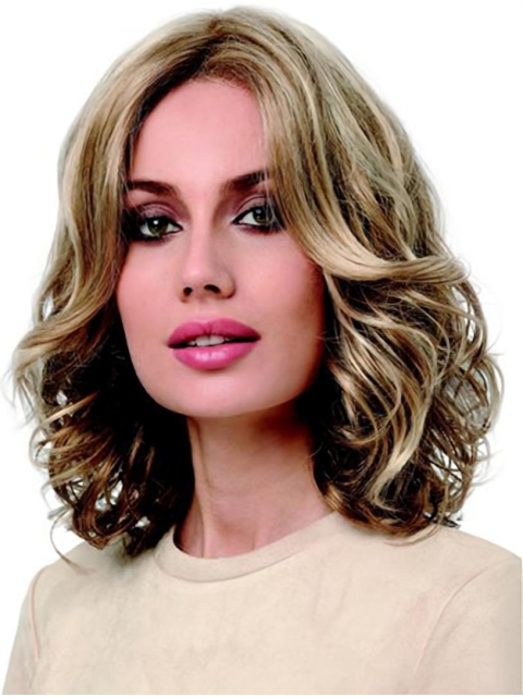 Blonde Shoulder Length  Curly  Without Bangs Lace Front Synthetic  Medium Length Women Wigs