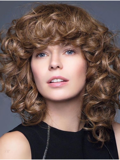 Curly Brown 14" Shoulder Length 100% Hand-tied Synthetic Women Wigs