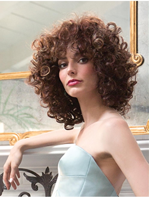 Affordable Medium  Brown Curly Mono Synthetic Women Wigs