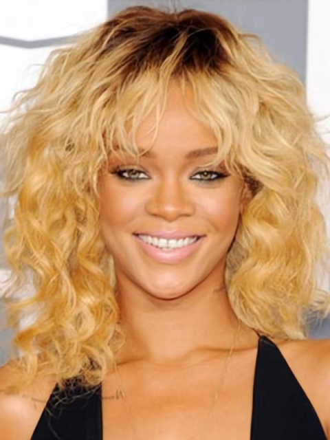 Discount Blonde Curly Shoulder Length Capless Synthetic Women Celebrity Wigs