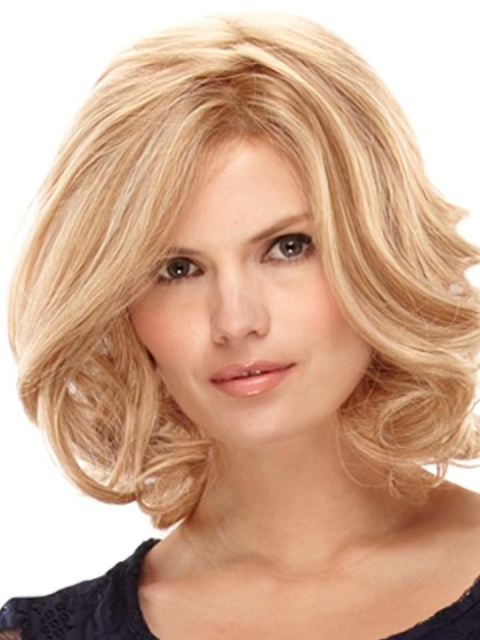 Unique Blonde Curly Shoulder Length Mono Remy Human Hair Women Wigs