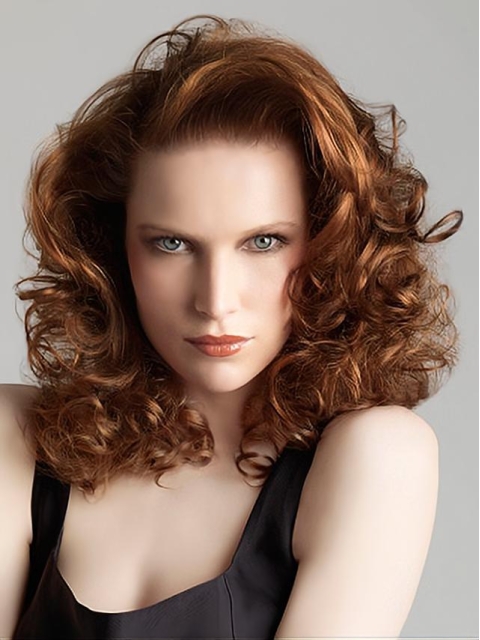 Fabulous Auburn Curly Shoulder Length Hand-Tied Synthetic Women Celebrity Wigs