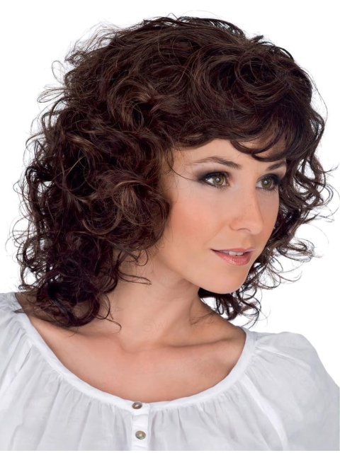 Faddish Brown Curly Shoulder Length Layered Mono Classic Synthetic Women Wigs