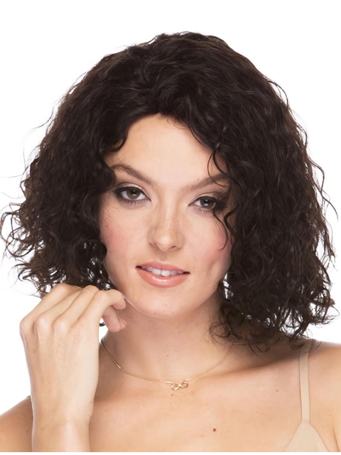 Faddish Brown Curly Shoulder Length Capless Human Hair Women Wigs