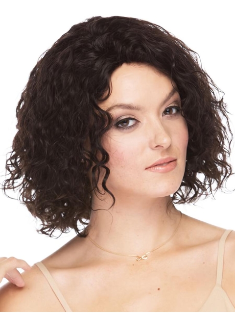 Faddish Brown Curly Shoulder Length Capless Human Hair Women Wigs