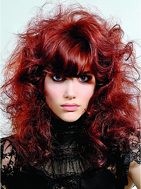 16 Inches Red Curly Shoulder Length With Neat Bangs  Capless Human Hair Women Wigs