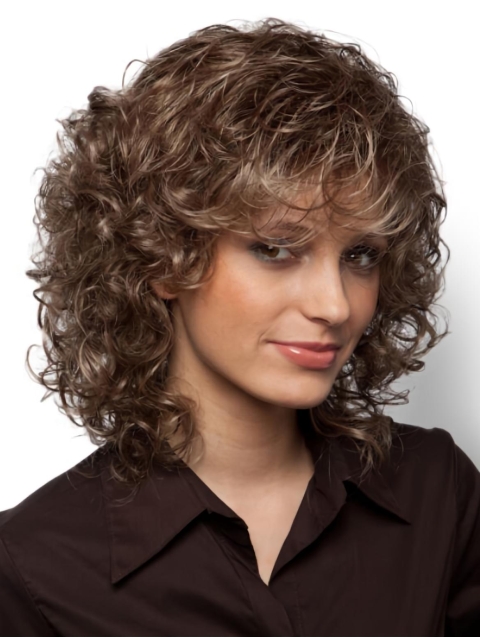 Comfortable Curly Brown Shoulder Length With Bangs Affordable Synthetic Women Wigs