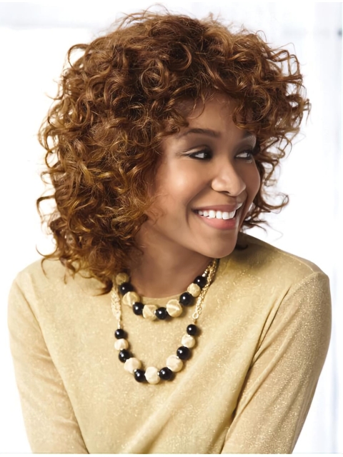 Fashion Shoulder Length Curly Auburn Layered Capless High Quality Synthetic Women Wigs