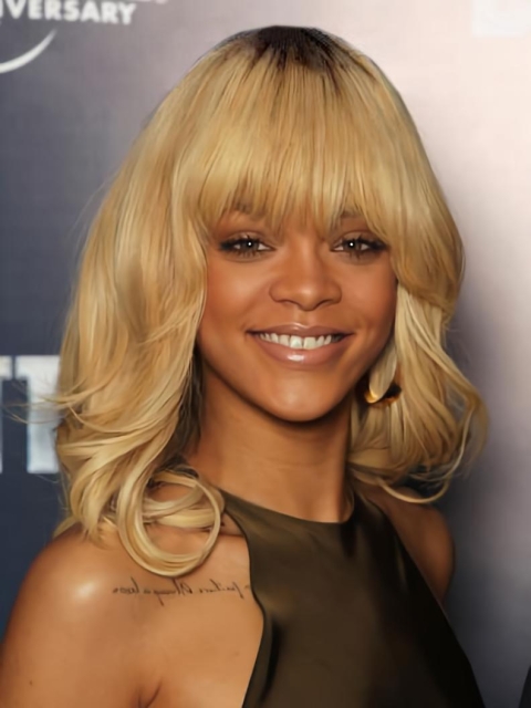 Fashion Blonde Curly Shoulder Length Capless Synthetic Rihanna Women Wigs