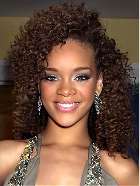 Rihanna Decent Mid-length Layered 1 Curly Lace Human Hair Wigs For Women